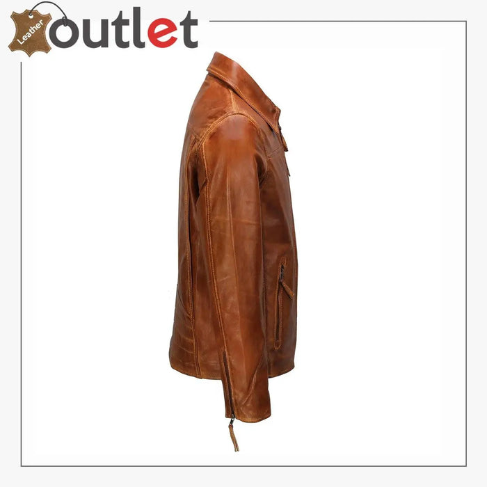 Back view of the retro zip up mens leather jacket in soft black sheep leather