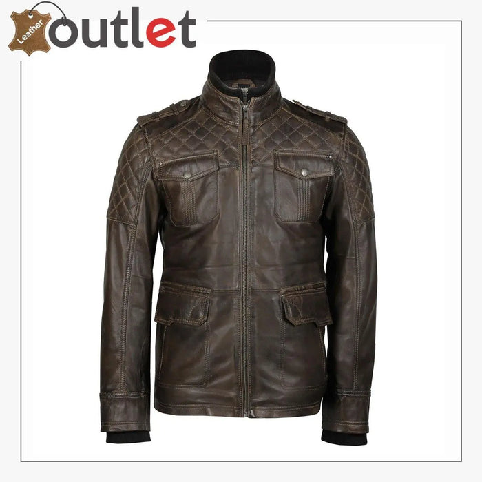 Classic genuine mens motorcycle leather riding jacket in black cowhide, front view
