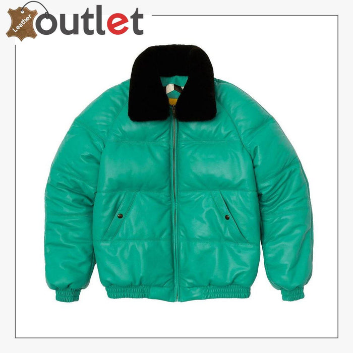 Classic style V bomber leather jacket in a single tone with plain rib collar, front view