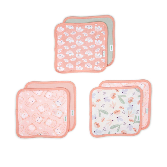 Clean & Cuddly 6-Pack terry washcloth set with pink owl and floral prints for baby bath time and mess cleanup
