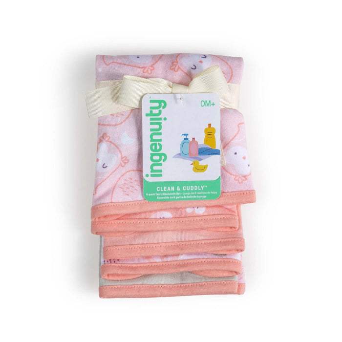 Clean & Cuddly 6-Pack terry washcloth set with pink owl and floral prints for baby bath time