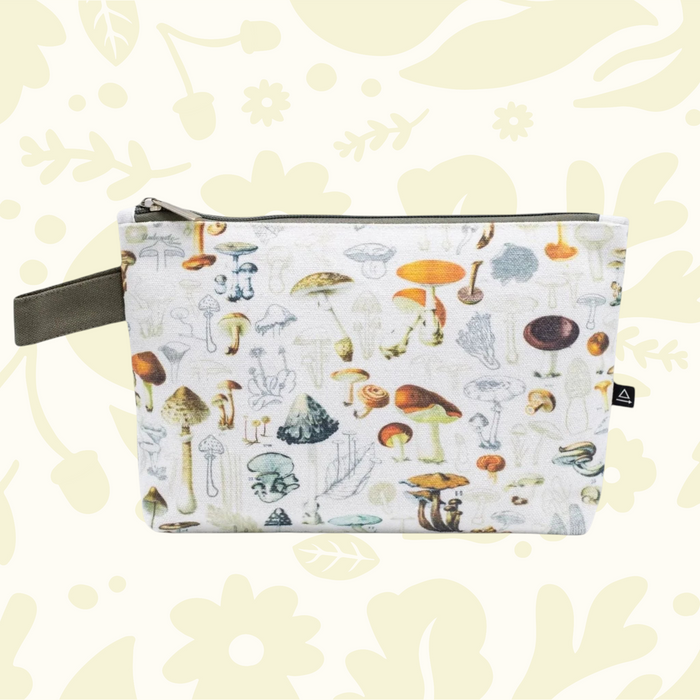 Forager Provisions LTD recycled cotton pencil pouch featuring a detailed woodland mushroom print and zip closure.