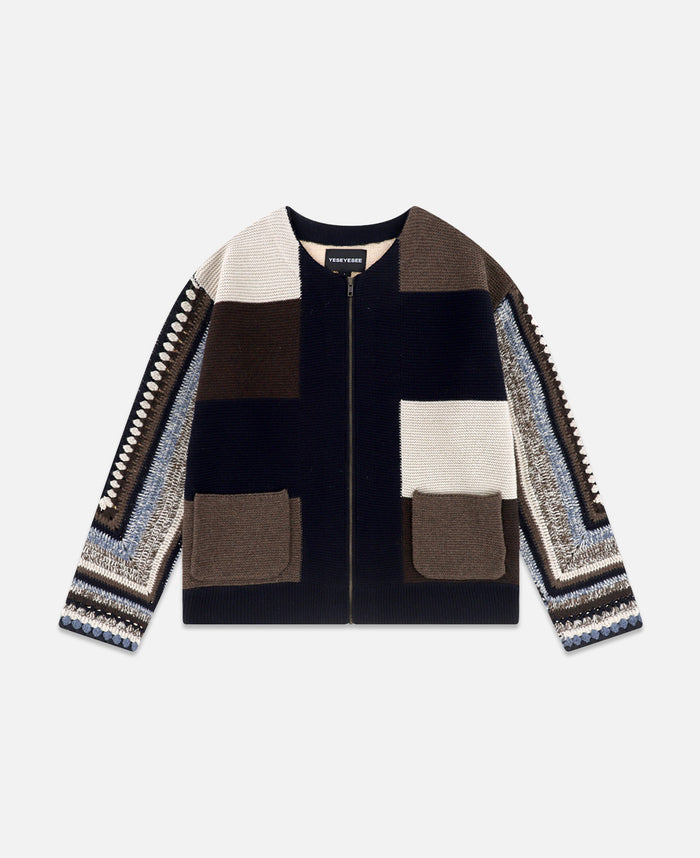 Color Block Croche Knit Zip Up (Multi)