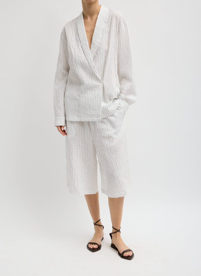 CRINKLE STRIPE SUMMER SUITING SHAWL COLLAR JACKET