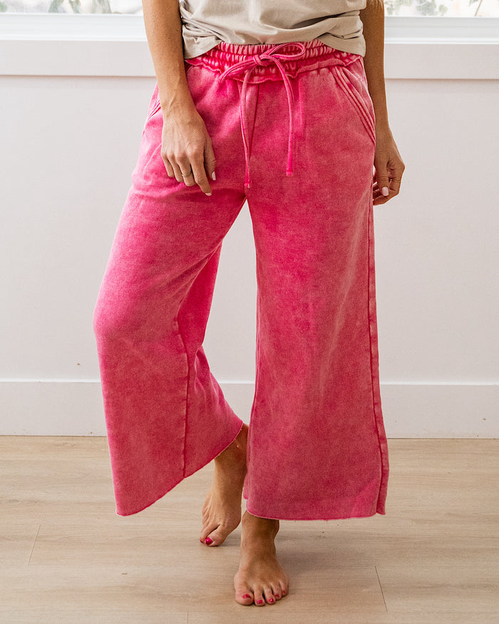 Cropped Wide Leg Comfy Pants - Fuchsia Zenana