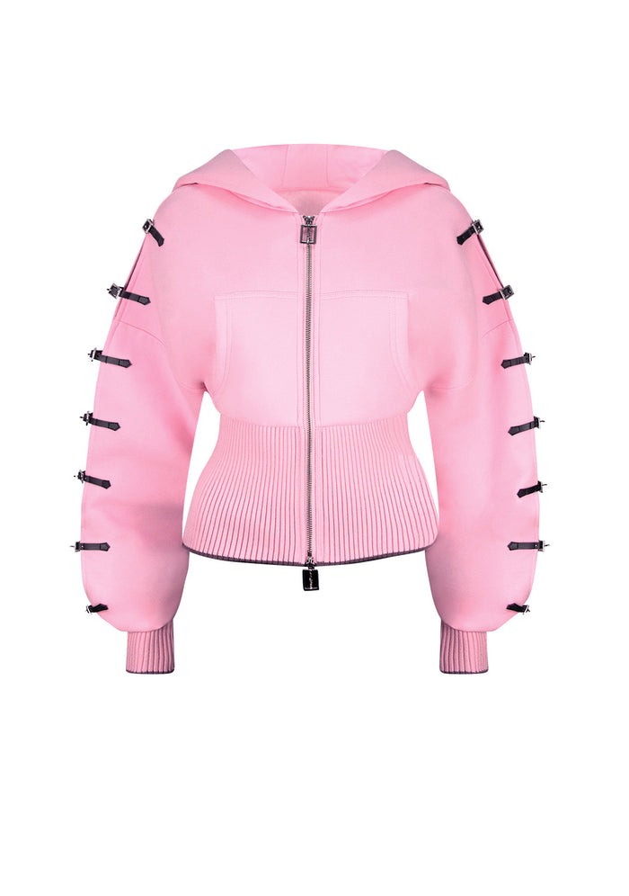 CRUSH BUCKLE FITTED WAIST ZIP HOODIE BABY PINK