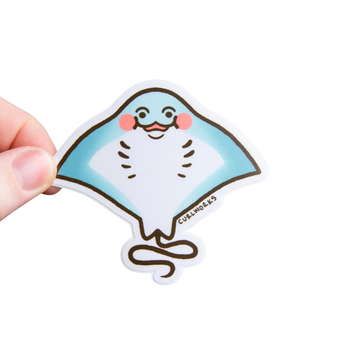 Forager Provisions LTD Curlworks bashful sting ray vinyl sticker with a cute blue design and pink blushing cheeks