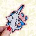 Forager Provisions LTD Curlworks sawfish vinyl sticker with a hand-drawn illustration on a matte pink background