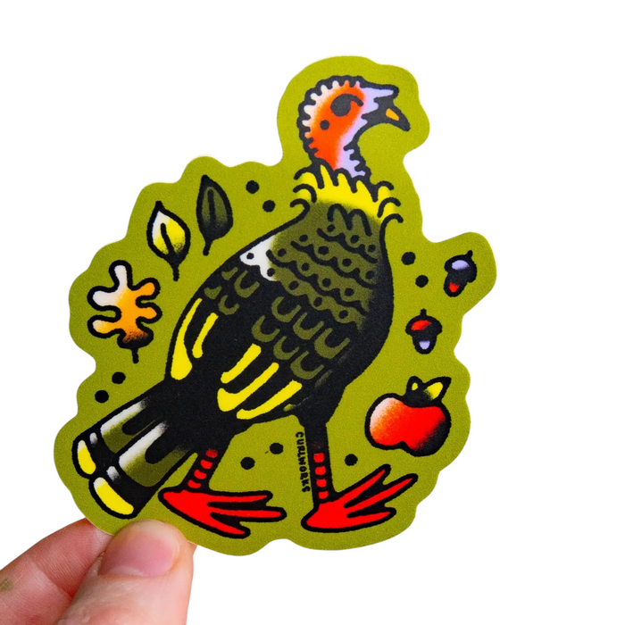 Forager Provisions LTD Curlworks turkey vinyl sticker with a hand-drawn bird illustration on a matte green background.