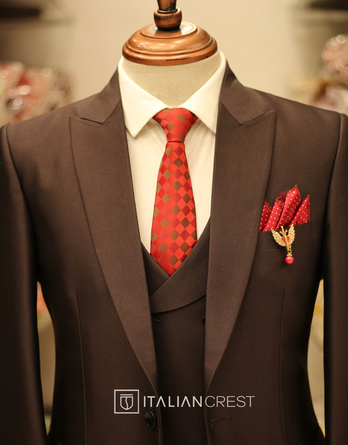 Dark Brown 3-Piece Peak Lapel Suit