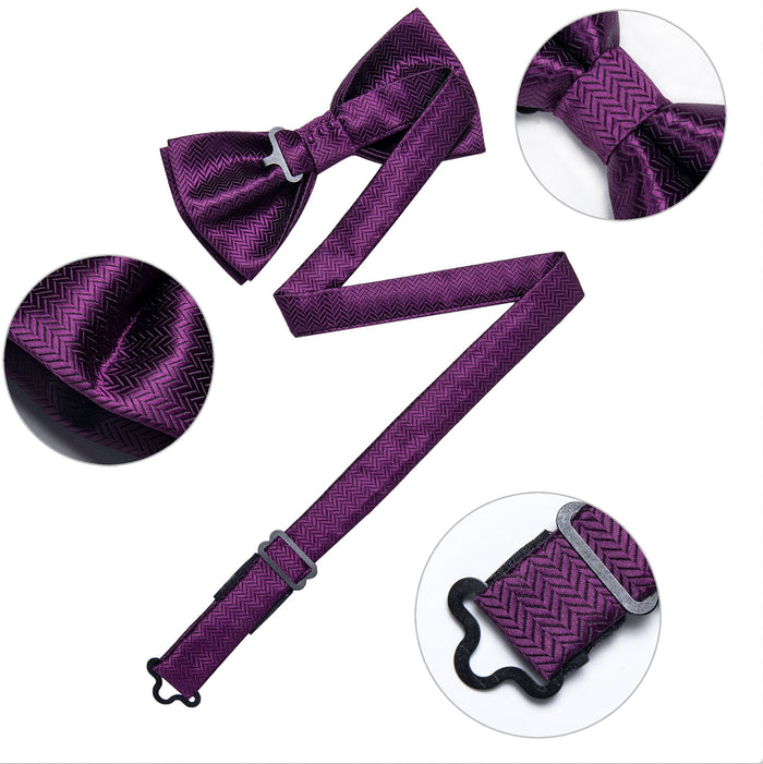 Dark Purple Striped Silk Self-tied Bow Tie Pocket Square Cufflinks Set-LH-0158 - SimonVon Shop