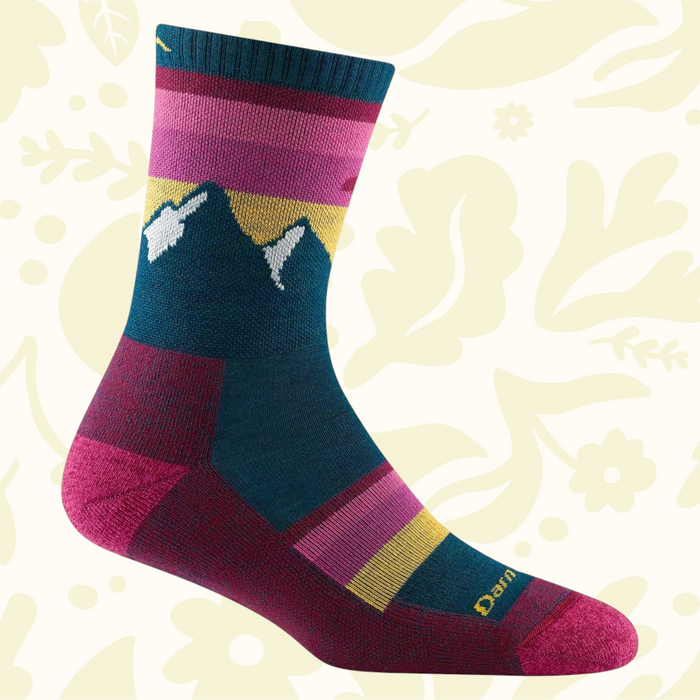 Forager Provisions LTD Darn Tough Sunset Ledge micro crew hiking socks in dark teal with mountain landscape pattern