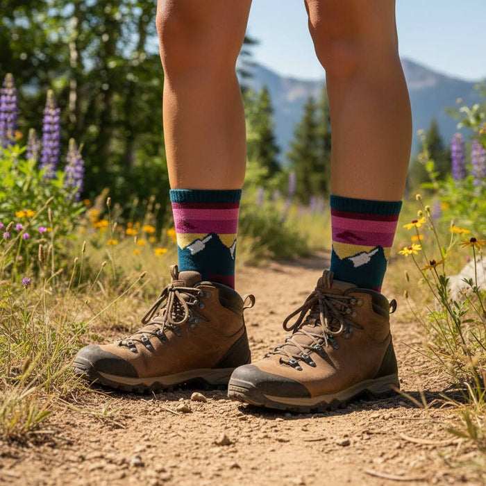 Forager Provisions LTD Darn Tough Sunset Ledge hiking socks in dark teal with mountain pattern worn with hiking boots