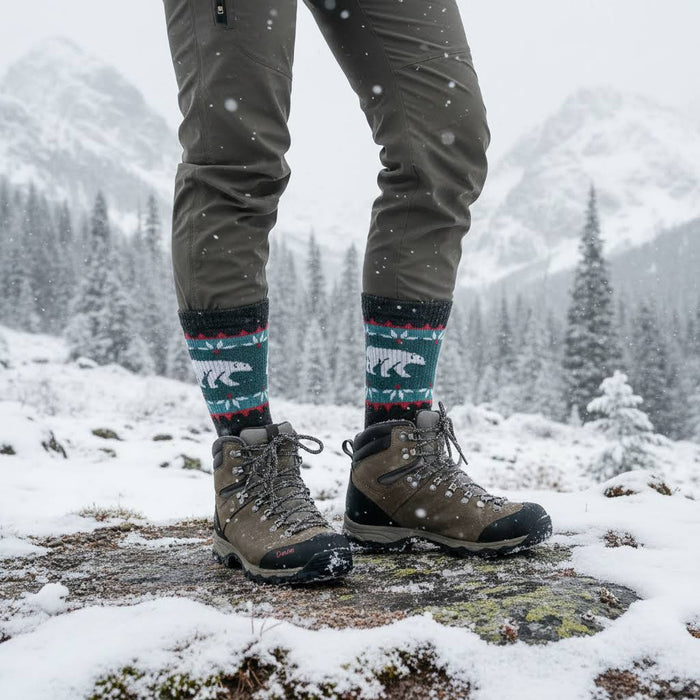 Forager Provisions LTD Darn Tough Vangrizzle charcoal merino wool hiking socks with polar bear pattern in snowy mountains