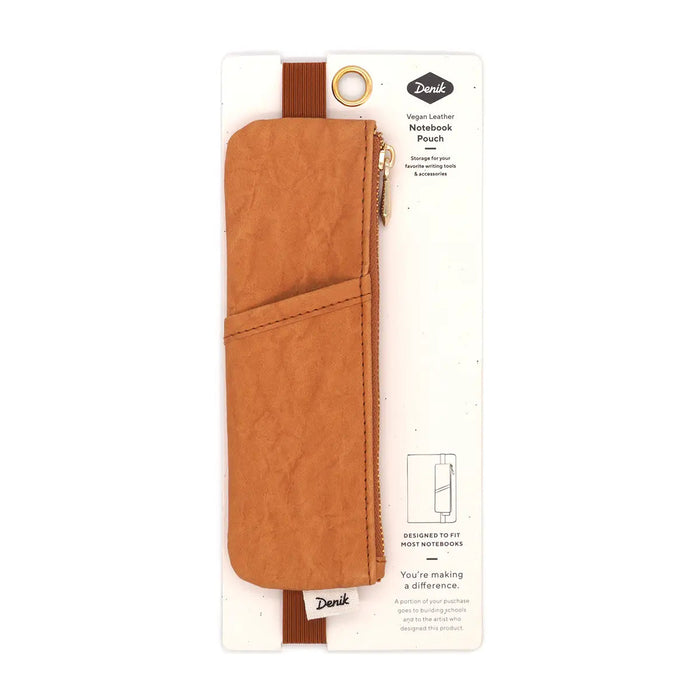 Denik Caramel Crinkle Vegan Leather Notebook Pouch with zipper, in white Denik branded packaging—stylish vegan accessory.