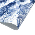 Eco-friendly navy gift wrap with white abstract mountain design; blue marble pattern; perfect for sustainable gifting.