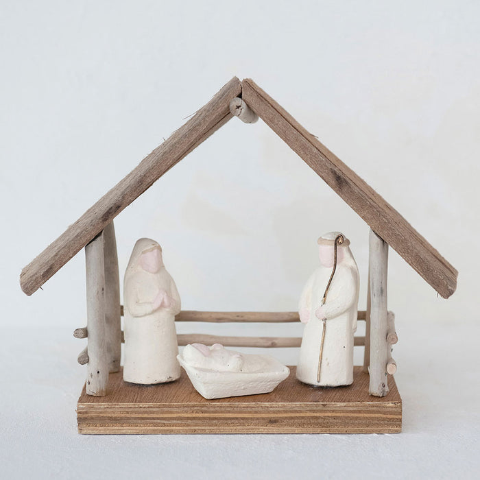 Driftwood Paper Mache Nativity with Base