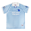 Blue and white striped James Marriott football shirt with text 'Don't Tell The Dog'
