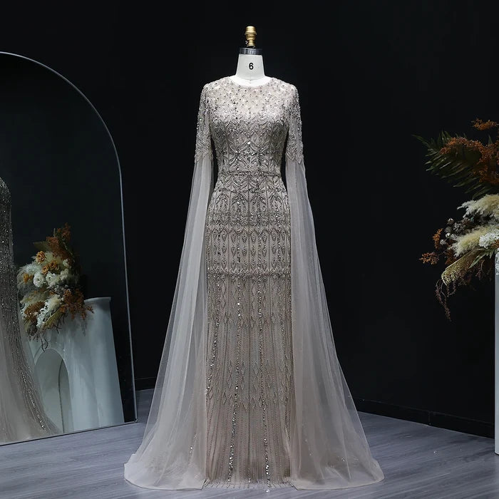 Dubai Caramel Mermaid Evening Dresses with Cape Sleeves SS044