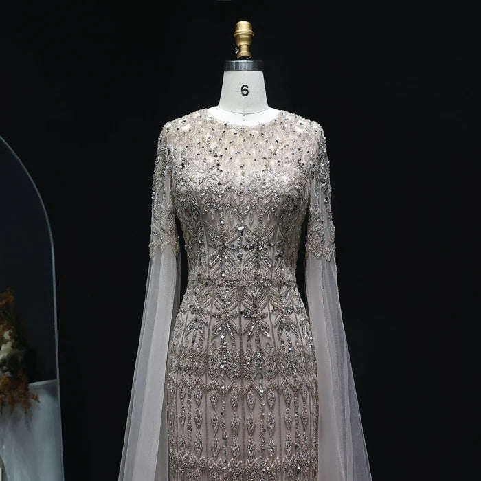 Dubai Caramel Mermaid Evening Dresses with Cape Sleeves SS044