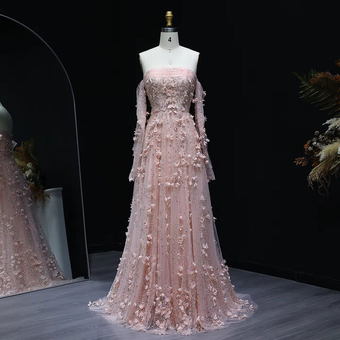 Elegant Blush Pink 3D Flowers Strapless Evening Dress SS344