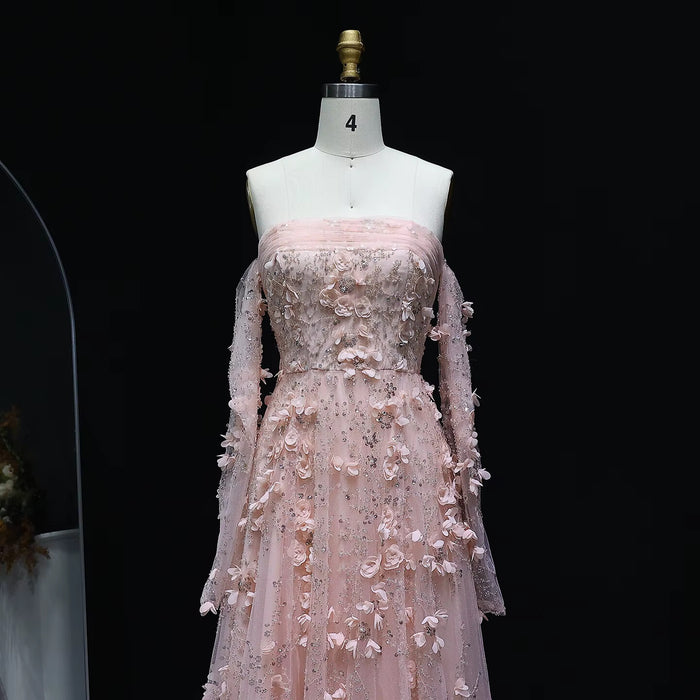Elegant Blush Pink 3D Flowers Strapless Evening Dress SS344