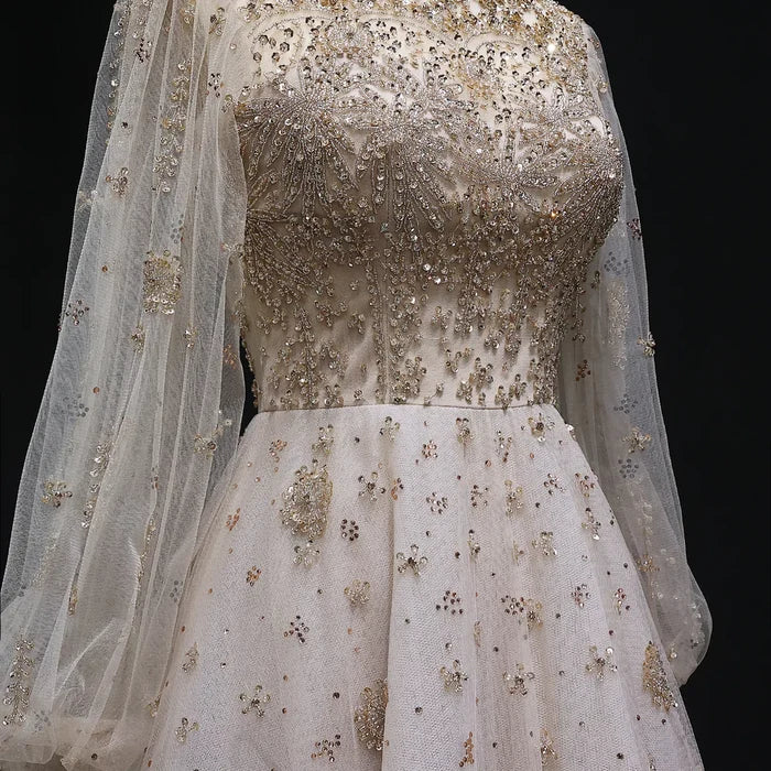 Elegant Champagne Evening Dress with Long Sleeves SS223