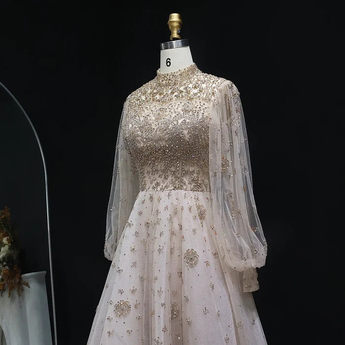 Elegant Champagne Evening Dress with Long Sleeves SS223