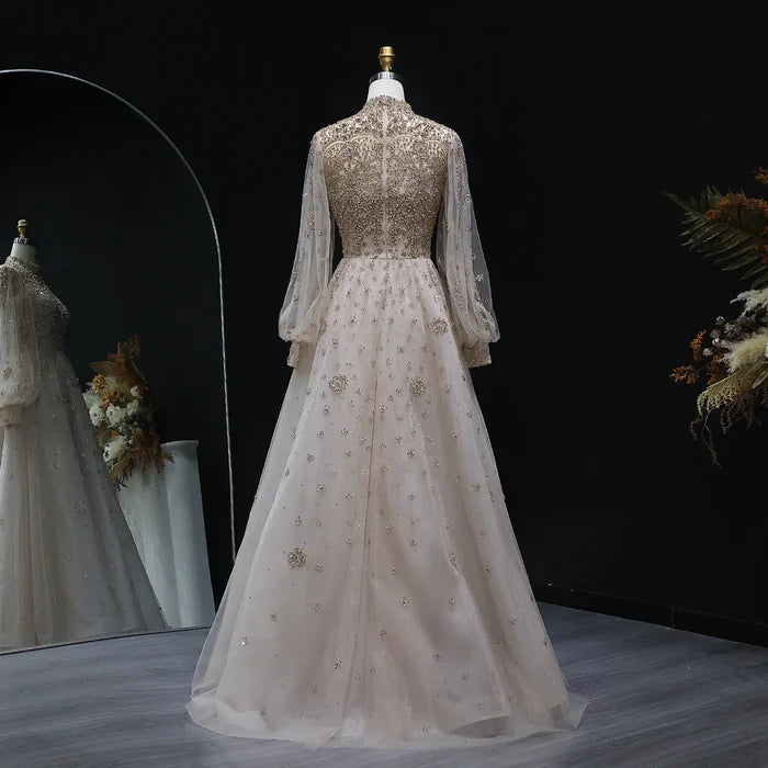 Elegant Champagne Evening Dress with Long Sleeves SS223