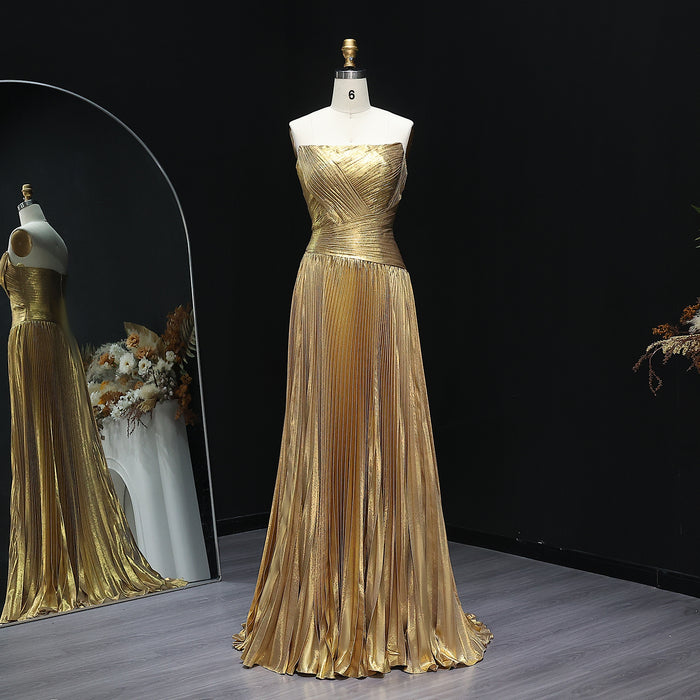 Elegant Gold Pleats Strapless Draped Evening Dress SF208