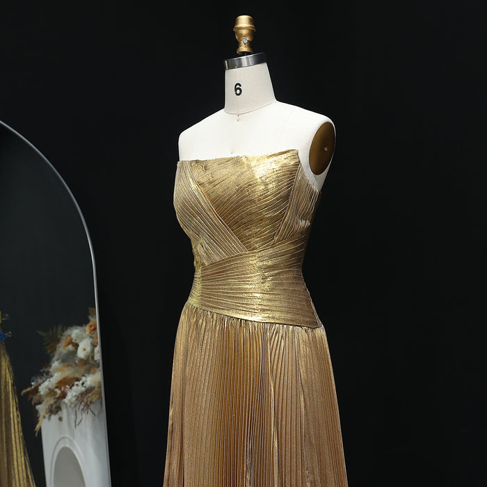 Elegant Gold Pleats Strapless Draped Evening Dress SF208