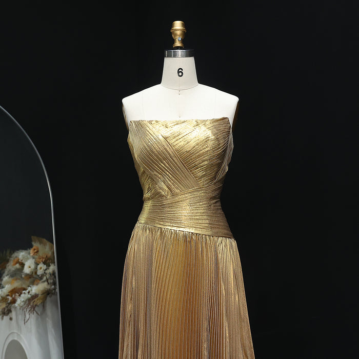 Elegant Gold Pleats Strapless Draped Evening Dress SF208