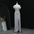 Elegant Off Shoulder Silver Evening Dress with Slit SS713