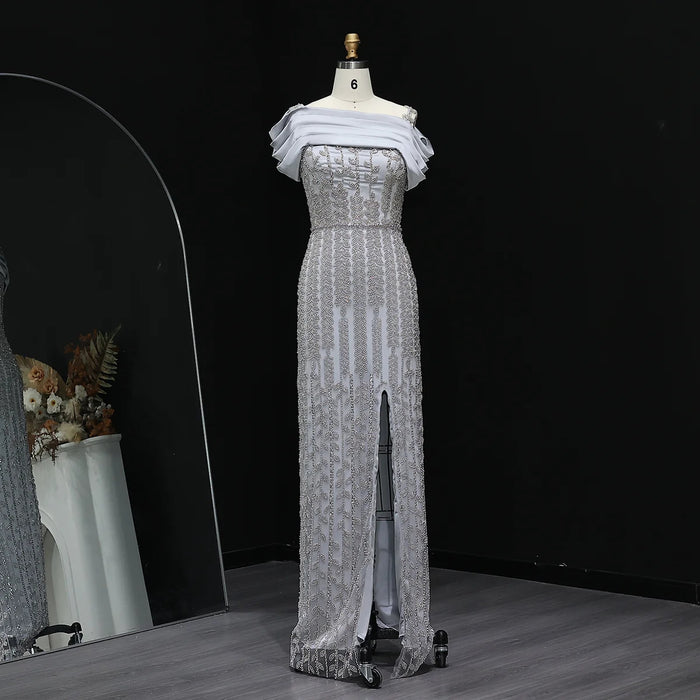 Elegant Off Shoulder Silver Evening Dress with Slit SS713