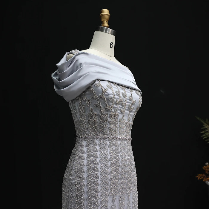 Elegant Off Shoulder Silver Evening Dress with Slit SS713