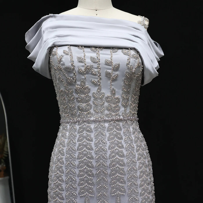 Elegant Off Shoulder Silver Evening Dress with Slit SS713