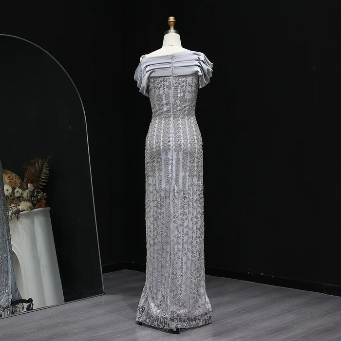 Elegant Off Shoulder Silver Evening Dress with Slit SS713