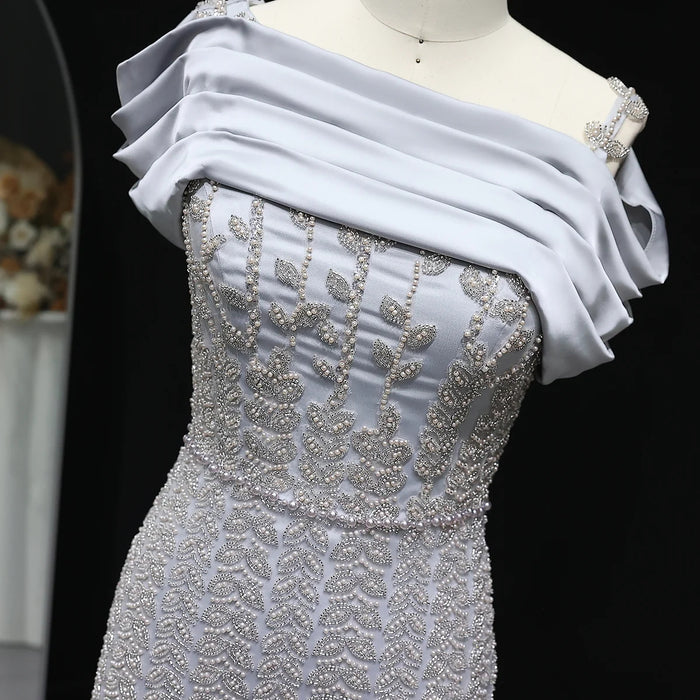 Elegant Off Shoulder Silver Evening Dress with Slit SS713