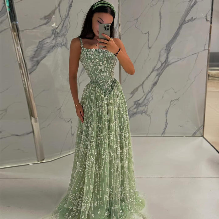 Elegant Sage Green Luxury Evening Dress with Spaghetti Straps SS693