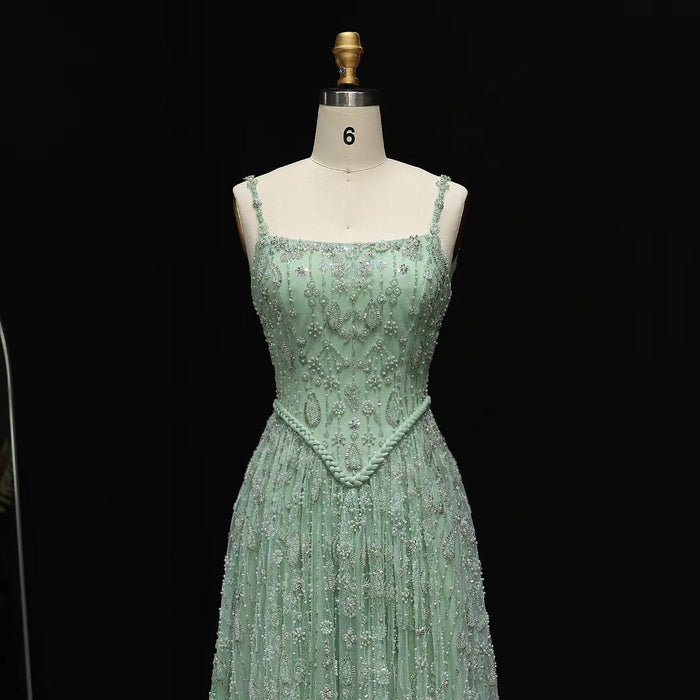 Elegant Sage Green Luxury Evening Dress with Spaghetti Straps SS693