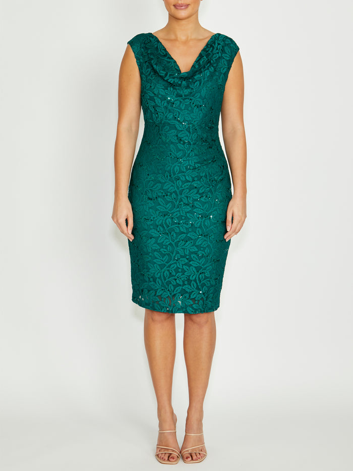 Women's Sequin Lace Cowl Neck Dress in Green | Elisa