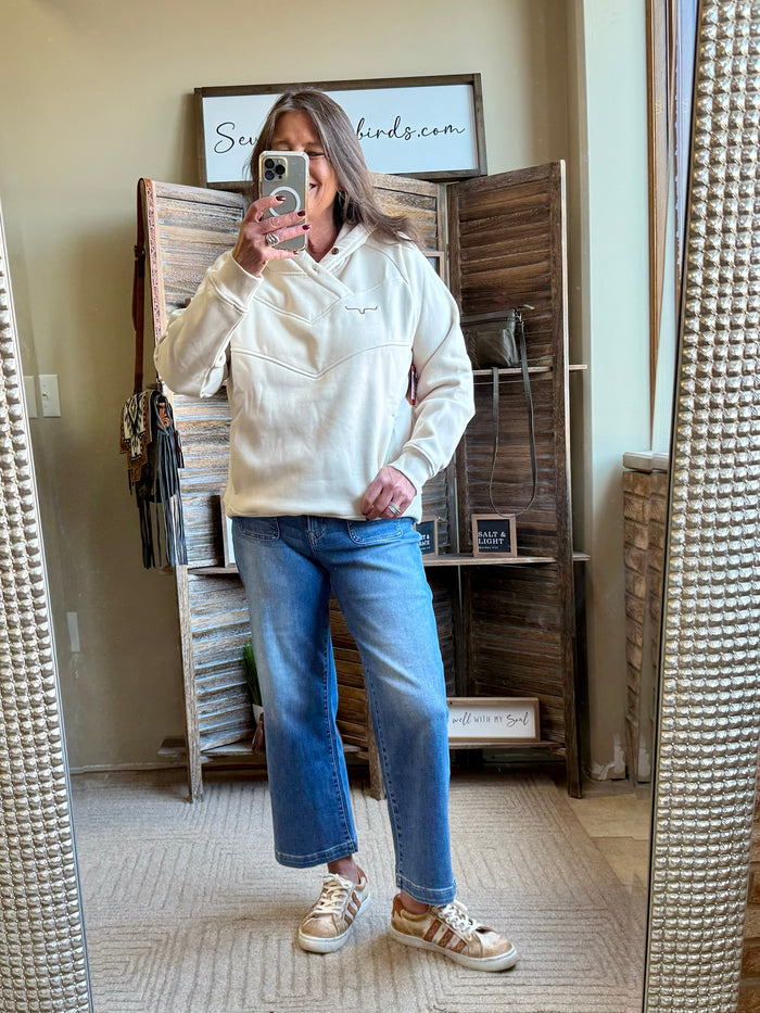 Cream hoodie sweatshirt with hood and front kangaroo pocket
