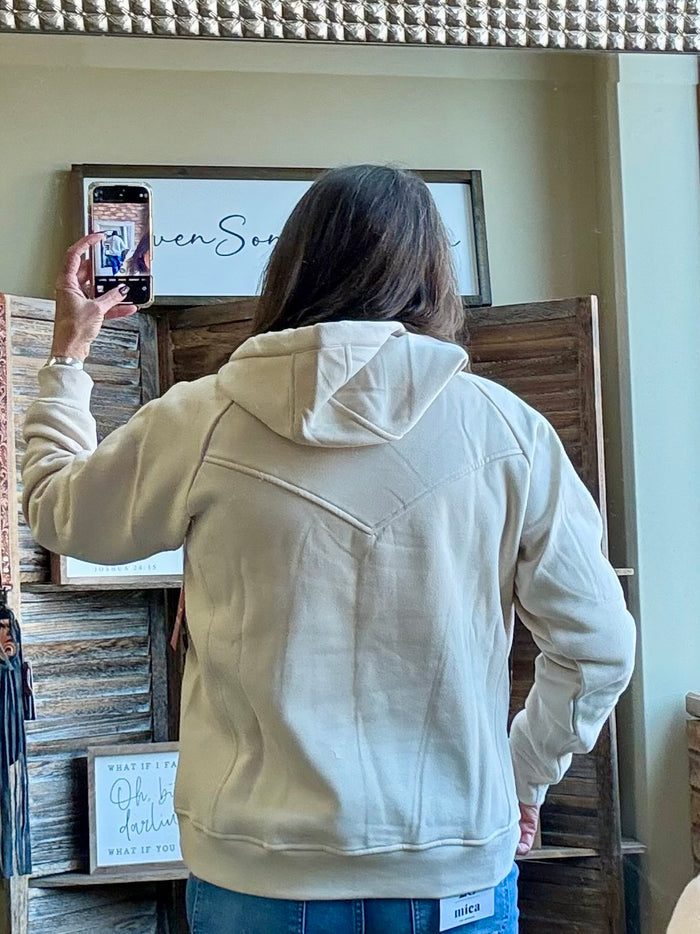 Cream hoodie sweatshirt back view with hood and stitched seams