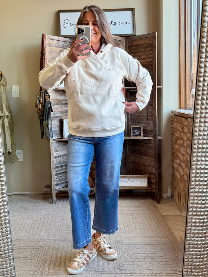 Cream hoodie sweatshirt with hood and front kangaroo pocket