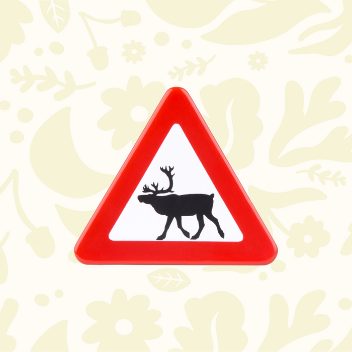 Forager Provisions LTD handmade enamel fridge magnet featuring a red and white Nordic reindeer warning sign design.