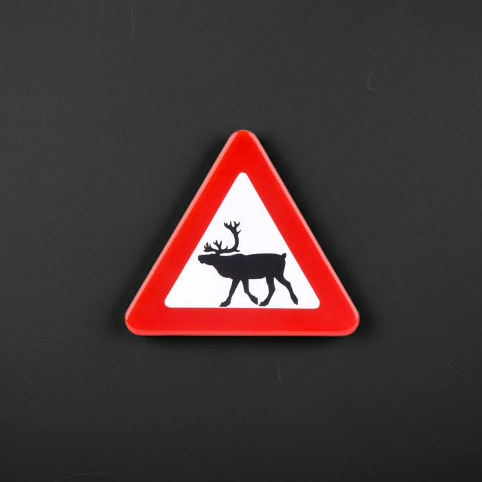 Forager Provisions LTD handmade enamel fridge magnet featuring a red and white triangular reindeer warning sign.
