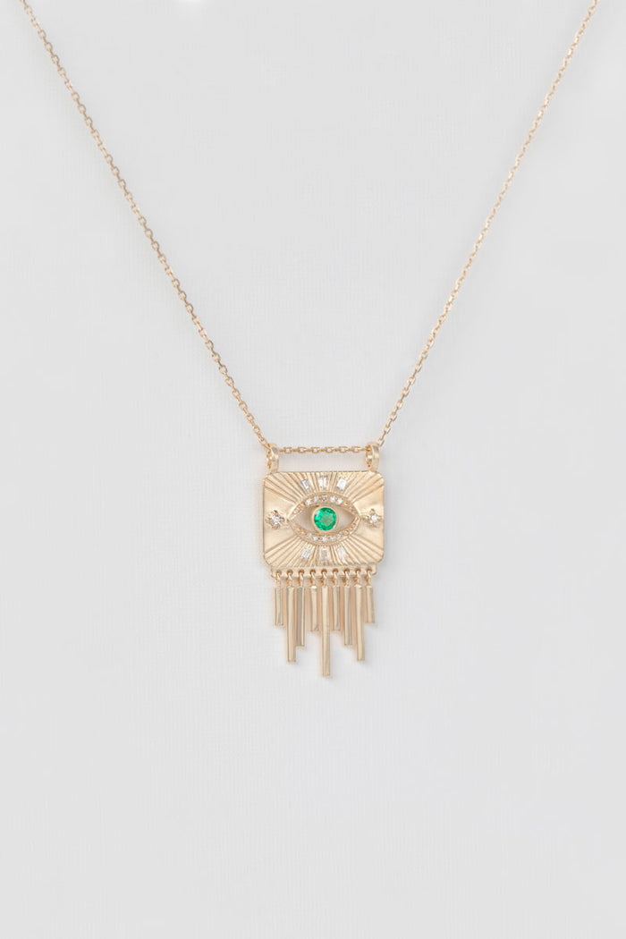 Emerald & White Diamond Eye Plate Necklace - 14k Yellow Gold Emerald & White Diamonds