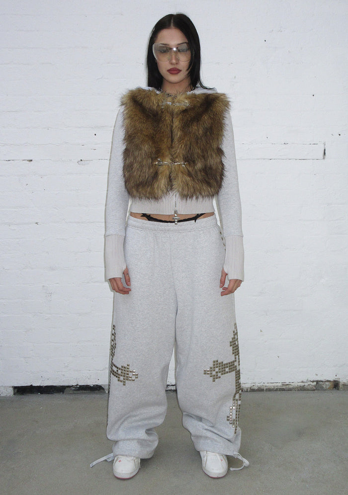 FAITHFUL FAUX FUR VEST AND FITTED ZIP HOODIE TWO PIECE SET GREY MARL