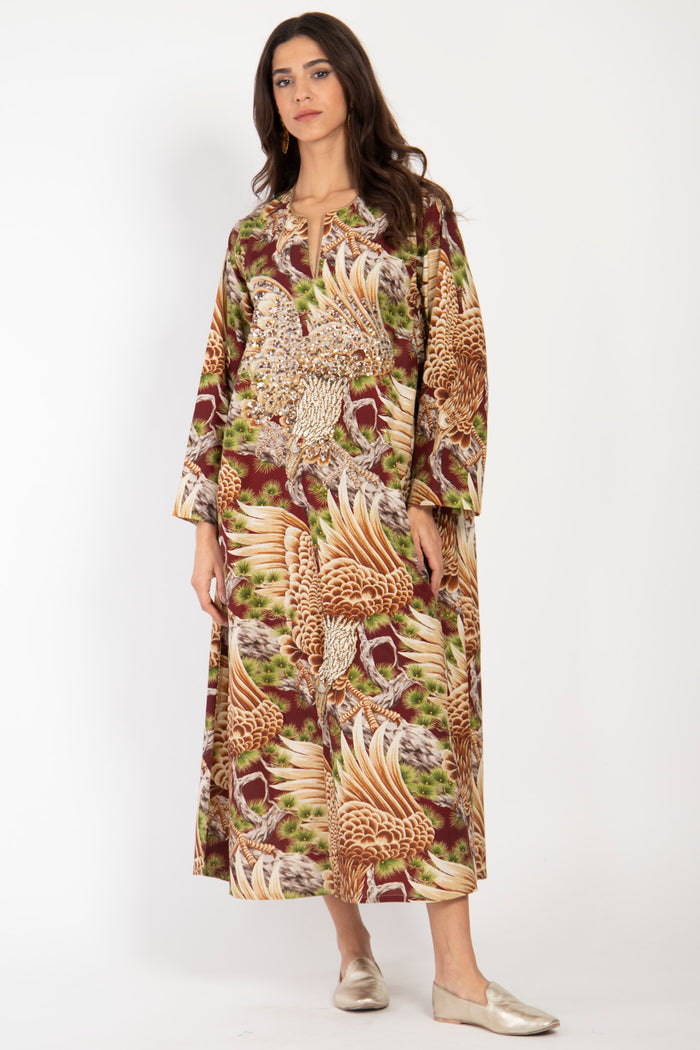 Fajer Cotton Burgundy Embroidered Eagle Dress