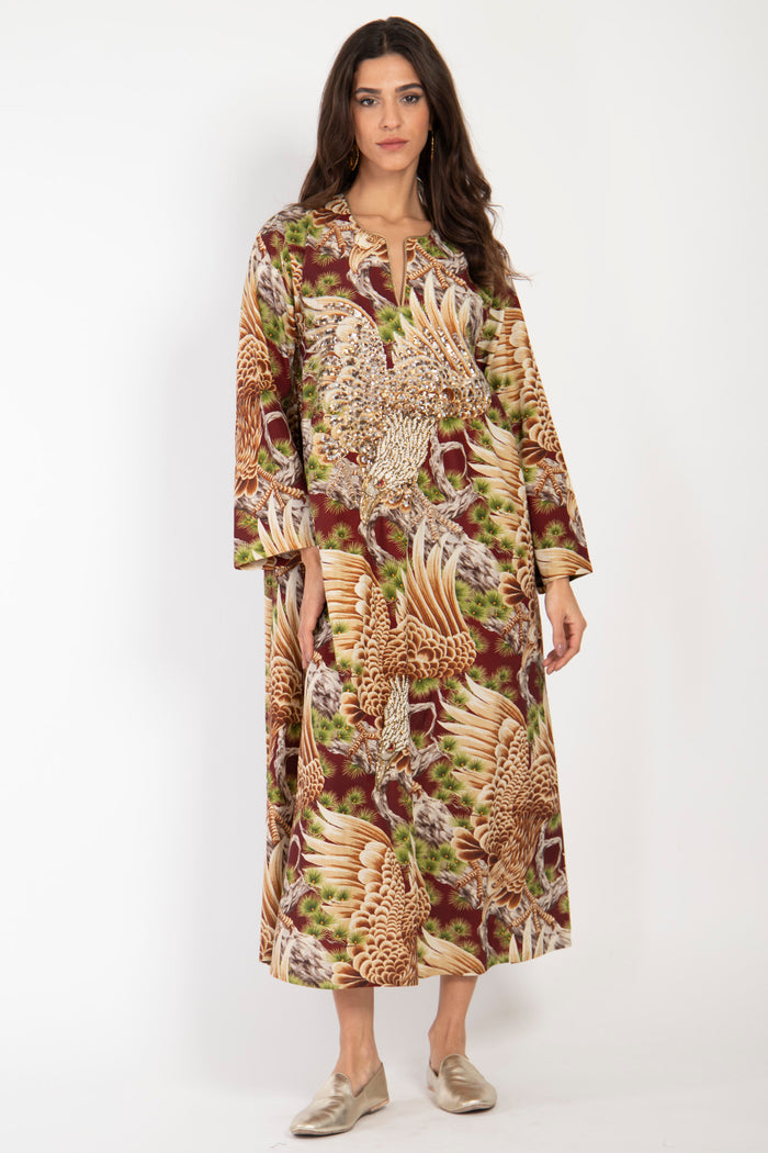 Fajer Cotton Burgundy Embroidered Eagle Dress